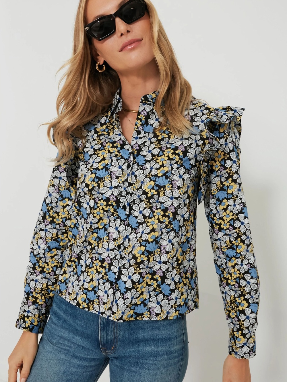Hyacinth House Tuckernuck Ruffled Shoulder Floral Button-Down Shirt